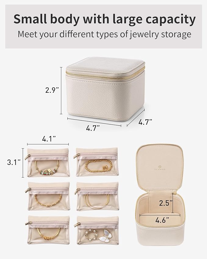 Vlando Travel Jewelry Case,Small Jewelry Box Organizer,Travel Jewelry Storage with 6 Velvet Jewelry Zipper Pockets, Birthday Gifts for Women Girls (White)