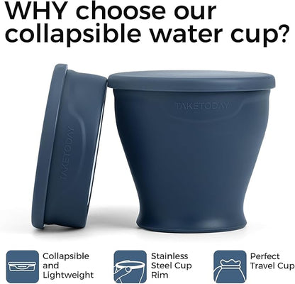 TakeToday 2PCS Collapsible Travel Cup - Silicone Foldable Water Cup, BPA-Free with Lid & Waterproof Bag - Drinking Cup Set for Camping, Outdoors & International Travel（8 Oz, Blue& Green）
