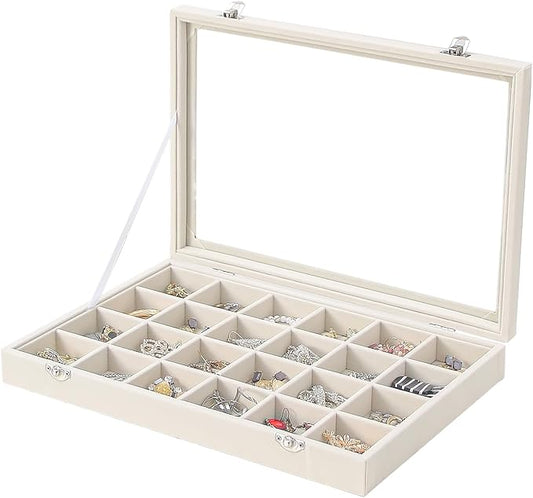 Coward Jewelry Organizer Box, Beige Velvet 24 Grids Ring Earring Jewelry Display Tray Case with Transparent Glass Lid for Home Drawer or Shop Selling