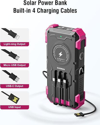 Solar Charger Power Bank, 42800mAh Wireless Portable Charger with USB-C in/Output, QC3.0 Fast Charging 15W 4 Ports Outdoor Battery Pack Built-in Dual Led Flashlights for iPhone Samsung etc Red