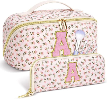 Personalized Travel Makeup Bag Set,Initial Travel Cute Floral Makeup Organizer Bag,Toiletry Skincare Cosmetic Bag,Christmas Gifts for Women/Girls,Open Flat Toiletry Pouch with Brush Pocket-A