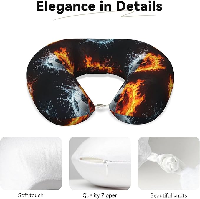 Neck Pillow Memory Foam Chin Cushion with Breathable Cover Water Fire Soccer Ball, Cute Airplane Car Pillows for Office Head Pain Relief