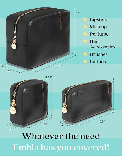 Clear Cosmetic Bags Set of 3, Mini Small Large Makeup Bags For Women Clear Pouch Cosmetics Cases Zipper Cute Pouches Make Up Travel Toiletry Essentials Preppy Purse Organizer Makeup Cases, Black