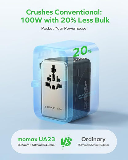 MOMAX 6-in-1 Universal Travel Adapter, GaN 100W International Power Adapter, 2 AC, 2 USB-C PD Fast Charging & 2 USB-A QC, All-in-one International Plug Adapter for Travel European UK AUS JP