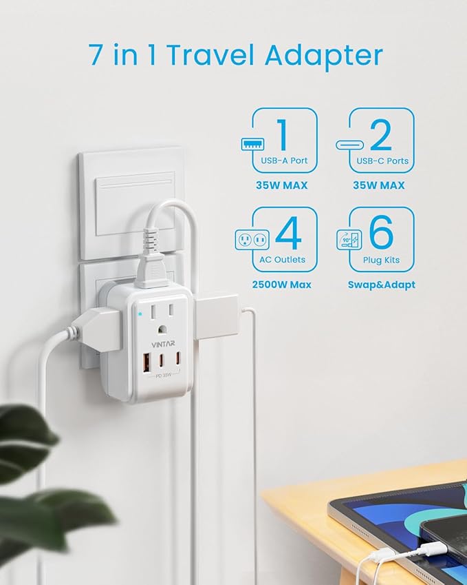 Universal Travel Adapter Kit, VINTAR PD 35W International Power Adapter with 3 USB Ports (2 USB C) and 4 AC Outlets, Type A,C,G,D,I,M Detachable Attachments, Adapter for US/EU/UK/India/AUS/Africa