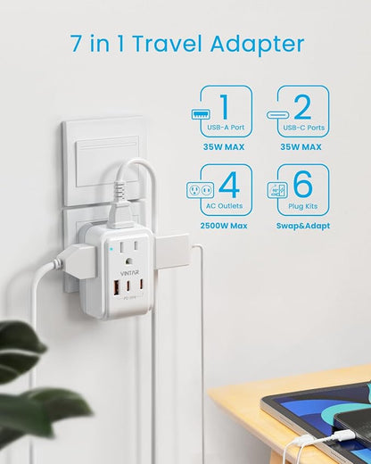Universal Travel Adapter Kit, VINTAR PD 35W International Power Adapter with 3 USB Ports (2 USB C) and 4 AC Outlets, Type A,C,G,D,I,M Detachable Attachments, Adapter for US/EU/UK/India/AUS/Africa
