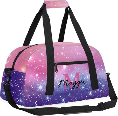 Personalized Kids Sports Duffel Bag with Name Custom Weekender Overnight Bag for Boys Girls Gym Bag Travel Dance Gymnastics Duffel Bag, Pink Purple Glitter