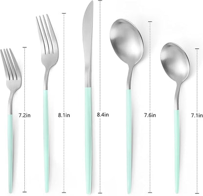 Matte Green Silver Silverware Set, 20-Piece Stainless Steel Flatware Set, Satin Finish tableware Cutlery Set, Service for 4, Home and Restaurant, Dishwasher Safe