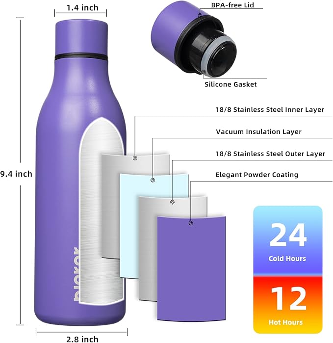 BJPKPK Insulated Water Bottles, 18 oz Stainless Steel Metal Water Bottle with Strap, BPA Free Leak Proof Jugs, Mugs, Flasks, Reusable Thermal Flasks for Sports & Travel, Purple
