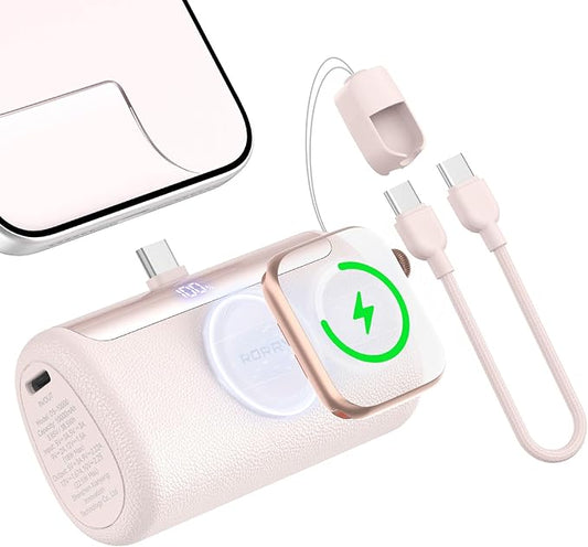 RORRY Mini Portable Charger USB C, 10000mAh PD 22.5W Fast Charging Small Power Bank, Travel Essential Battery Pack for iPhone 17/16/15 Series and Apple Watch Ultra/11/10/9/SE, iPad, Pink