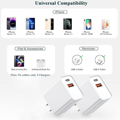 iPhone 15 Fast Charger, 2Pack USB C Charger - 20W Dual Port PD Type C + QC3.0 USB A Fast Charging Brick Plug Adapter for iPhone 15 Pro Max/15 Plus/14/13/12/11/Pro Max/SE/X, iPad Pro (White)