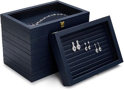 Oirlv Premium Blue Leather Necklace Bracelet Organizer Tray with Acrylic Lid Jewelry Display Case Drawer Insert Jewelry Organizer for women
