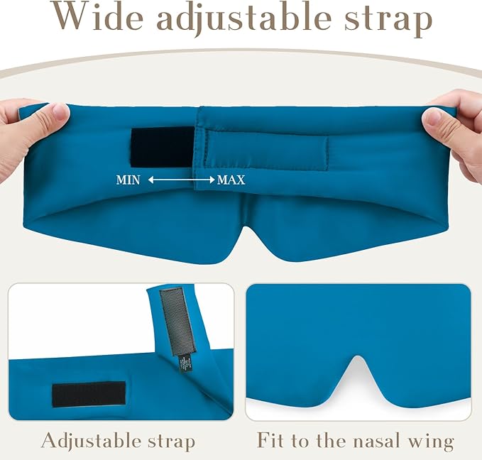 100% Mulberry Silk Sleep Mask Eye Mask for Women Man with Adjustable Band, for Side Sleeper Blackout Sleep Mask for Travel Rest and Office Large Size (Blue)