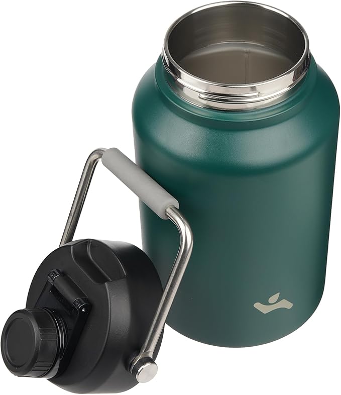 Half Gallon Jug with Handle,64 oz Insulated Water Bottle with Carrying Pouch,Double Wall Vacuum Stainless Steel Metal Bottle,Dark Green