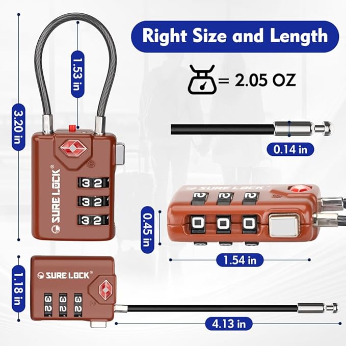 SURE LOCK TSA Approved Combination Luggage Locks with Open Alert Indicator – Durable Zinc Alloy Cable Travel Locks with Large Easy-Read Dials for Suitcases, Backpacks & Gym Bags