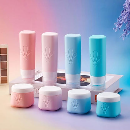 INSFIT 8 Pack Silicone Travel Bottles & Cream Jars with Toiletry Bag, 3oz Leakproof Containers & 2oz Jars with Waterproof Labels, BPA-Free Squeezable Toiletries Set for Shampoo, Lotion, Cosmetics