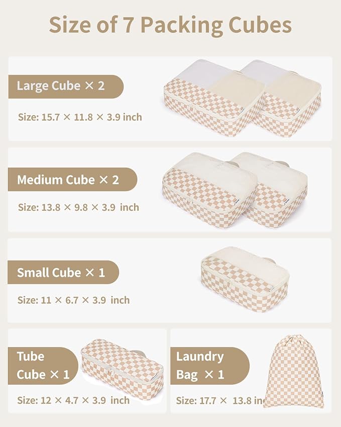 Narwey 7 Set Checkered Packing Cubes for Travel Carry on Suitcase Luggage Organizer Bags for Kids Women Men, Durable Packing Organizers Bag, Travel Essentials Accessories (Light Checkerboard)