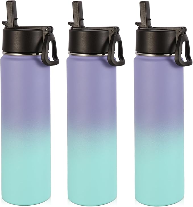 Volhoply 24oz Insulated Water Bottle With Straw Bulk 3 Pack,Metal Wide Mouth Water Bottles With Handle Keep Cold,Reusable Double Wall Cups,Powder Coated Sport Bottle For Holder(Purple Blue,3 Count)