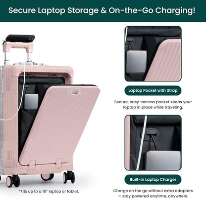 Nobl Travel Carry On Luggage, Noble Zipperless Aluminum Frame PC Hard Shell Suitcase, 22.5x15x9.5 Airline Approved, 360° Spinner Wheels, TSA Locks, USB Charging Port, Cup & Phone Holder - Blush