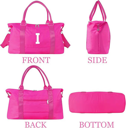 Overnight Bag for Kids Teen Girls Weekender Dance Bag Birthday Graduation Gifts,Initial Travel Duffel Bag Sports Gym Bag Personalized Weekender Bag Carry On Bags Preppy Gifts for Women(Hot Pink, I)