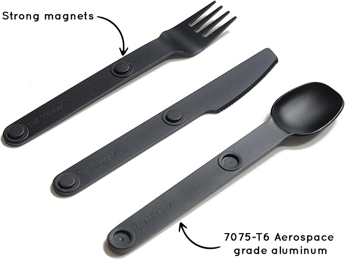 FULL WINDSOR - MAGWARE Magnetic Camping Cutlery Set - Travel Utensils for Camping, Cooking, and Outdoor Dining - Knife, Fork & Spoon - Portable Silverware with Pouch for Backpacking - Black (3 PCS)