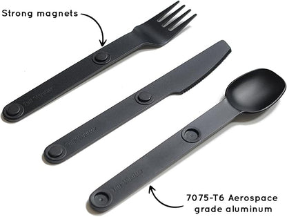FULL WINDSOR - MAGWARE Magnetic Camping Cutlery Set - Travel Utensils for Camping, Cooking, and Outdoor Dining - Knife, Fork & Spoon - Portable Silverware with Pouch for Backpacking - Black (3 PCS)