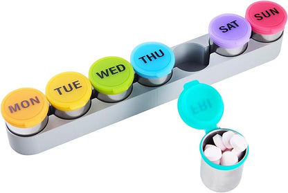 Weekly Stainless Steel Pill Organizer 7 Day, Magnetic Refrigerator Mountable Pill Box Case with Silicone-Sealed Lid for Travel, Waterproof Medicine Container, Portable Daliy Pill Holder