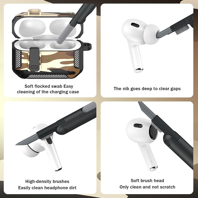 RFUNGUANGO for AirPods Pro 2nd Gen Case with Cleaning Kit, Military Hard Case Protective Armor with Lock, for AirPod Gen 2 Charging Case (2023/2022/2019, 2nd Gen/1st Gen), Desert Camo