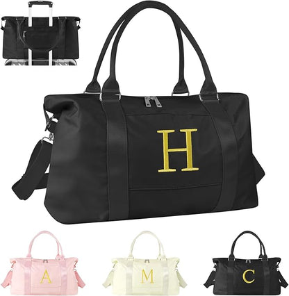 Personalized Initial Gym Dance Bag, Travel Duffel Bag for Teen Girls, Carry On Bag Overnight Weekender Bag with Trolley Sleeve, Birthday Gifts for Women Mom Daughter Graduation Gift(Letter H, Black)