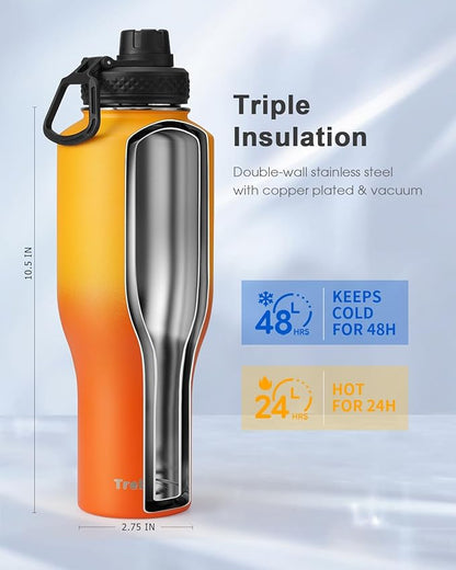 Trebo 40oz Insulated Water Bottle that Fits in Cup Holder, Stainless Steel Bottles Tumbler Double Wall Metal with Straw Spout Lids,Travel Flask with Paracord Handle, Sweat Proof Keep Cold &Hot,Orange