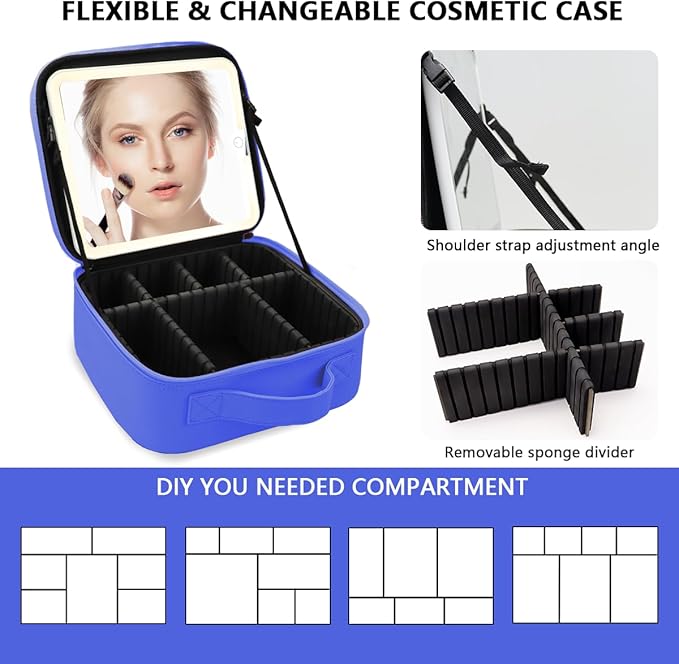 Travel Makeup Bag for Makeup Artists Large Makeup Case,with Mirror 3 Color Setting and Detachable 10x Magnifying Mirror Travel Makeup Bag,Portable Storage and Adjustable Dividers-dark blue