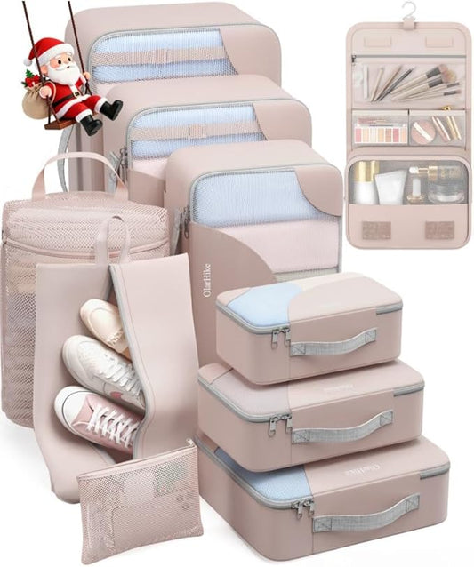 ALL INCLUDED 10 Set Durable Packing Cubes for Travel,Gifts for Women Mom Men at Christmas,Luggage & Suitcase Organizers with Toiletry Bag,Vacation Essentials for Cruise & Plane,Beach Accessories,Beige