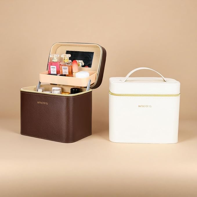Luxury makeup box, Portable leather hard cosmetic case with mirror, cosmetic case organizer,Professional train case for women adults. (White)