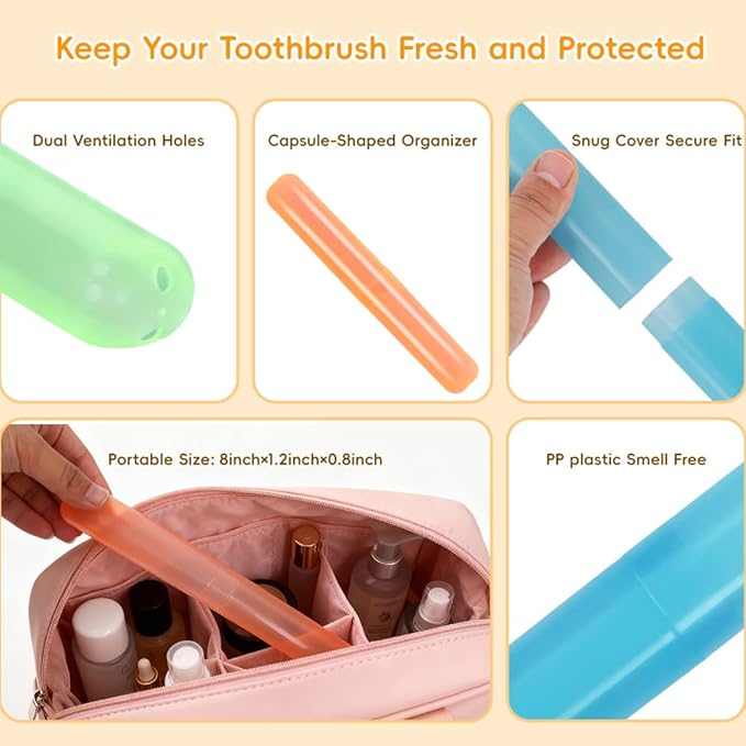 60 Pack Toothbrush Travel Case, Capsule Shaped Travel Toothbrush Holders with Dual Vent Holes, Plastic Toothbrush Holder for Travel, Home, School, Office（6 Assorted Colors）