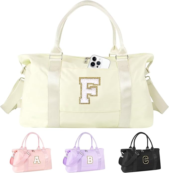Dance Gym Duffel Bag for Teen Girls, Personalized Initial Travel Weekender Bag,Cute Overnight Carry On Duffle for Women,Sports Travel Cheer Bag,Monogram Christmas Gifts for Tween Preppy(beige-F)