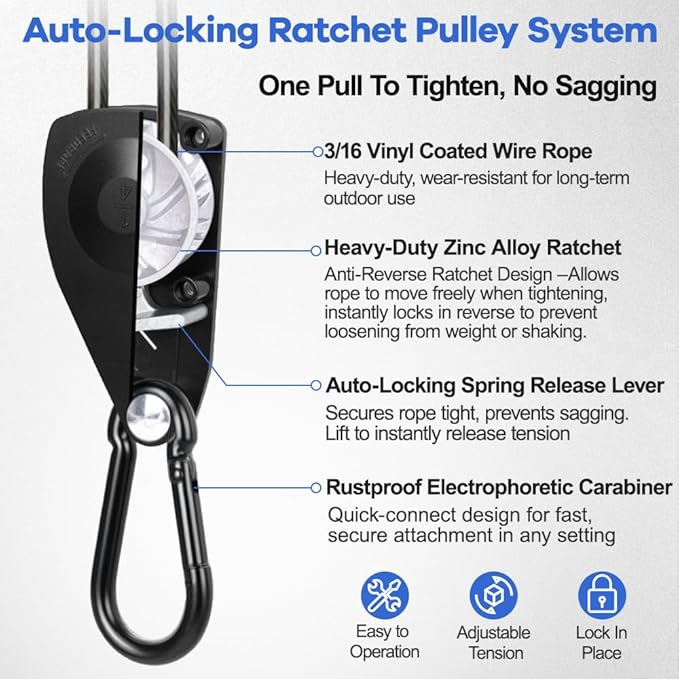 TooTaci 30ft Outdoor Clothesline Kit, 3/16" Black PVC Coated Wire Rope Heavy Duty Portable Clothes Line Kit with Self-Locking Pulley, Screw Hook & Snap Hook for Camping, Backyard, Balcony, Travel