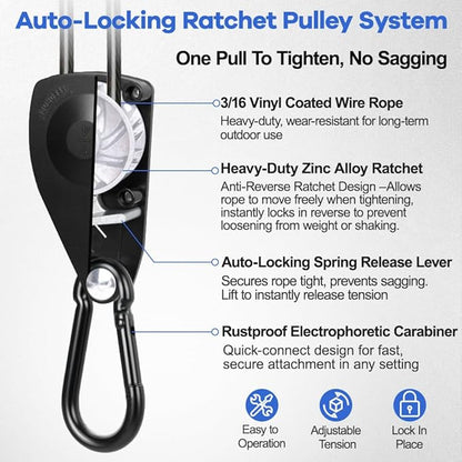 TooTaci 15ft Outdoor Clothesline Kit, 3/16" Black PVC Coated Wire Rope Heavy Duty Portable Clothes Line Kit with Self-Locking Pulley, Screw Hook & Snap Hook for Camping, Backyard, Balcony, Travel