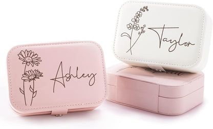 Personalized Jewelry Box for Women, Custom Travel Jewelry Case with Name and Birth Flower, Leather Jewelry Box for Rings, Earrings, Necklaces, Personalized Gifts for Women