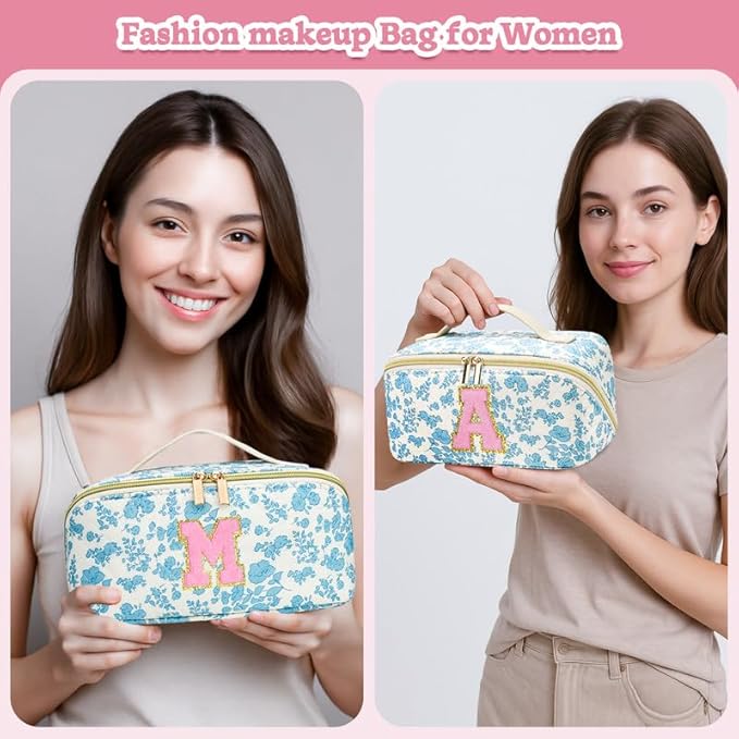 Personalized Travel Makeup Bag Set,Initial Travel Cute Floral Makeup Organizer Bag,Toiletry Skincare Cosmetic Bag,Christmas Gifts for Women/Girls,Open Flat Toiletry Pouch with Brush Pocket-S