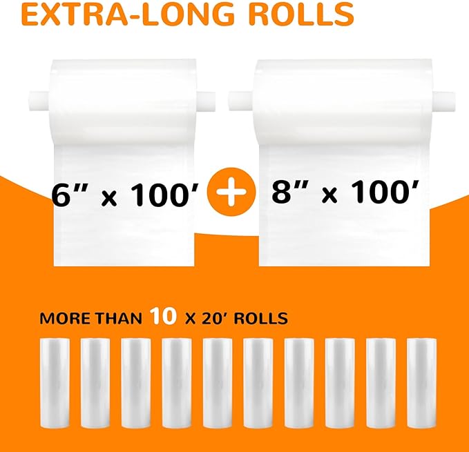 Wevac 6''x100' & 8''x100' 2 Rolls, Vacuum Seal Roll Keeper with Cutter, Ideal Vacuum Sealer Bags for Food Saver, BPA Free, Commercial Grade, Great for Storage, Meal prep and Sous Vide