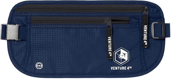 VENTURE 4TH Travel Money Belt - Slim Passport Holder RFID Blocking Travel Pouch to Protect Cash, Credit Cards and Travel Documents (Navy Blue)