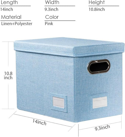 PRANDOM File Organizer Box - Set of 2 Collapsible Decorative Linen Filing Storage Hanging File Folders with Lids Office Cabinet Letter Size Blue (14x9.3x10.8 inch)