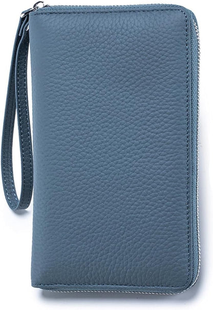 Leather Travel Wallet, RFID passport wallet for travel, with Zippered Pocket and Cash Slot, for Secure Traveling and Documentation Organizer（Denim blue）