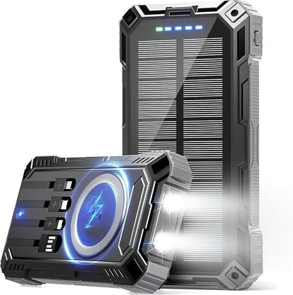 Power Bank 49800mAh Solar Portable Charger Wireless Charging USB-C 15W Fast Charging with 4 Built-in Cables LED Flashlight Battery Pack Compatible with iPhone, iPad, Galaxy, Perfect for Camping