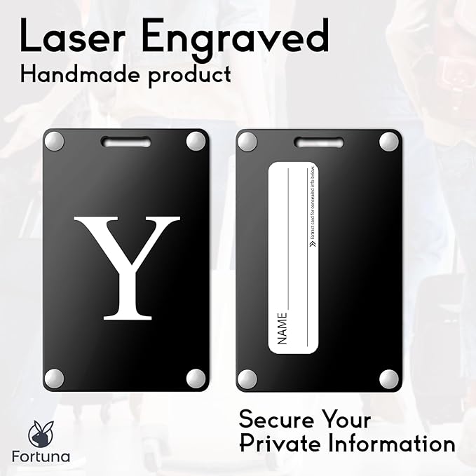 Premium 3-Layer Aluminum Luggage Tags by Fortuna - Easy to Claim, Laser-Engraved, Plastic-Free, and Eco-Friendly Luggage Tag Holders, 2-Pack, Black (Y)