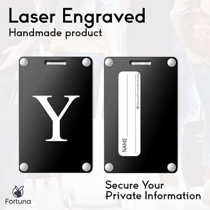 Premium 3-Layer Aluminum Luggage Tags by Fortuna - Easy to Claim, Laser-Engraved, Plastic-Free, and Eco-Friendly Luggage Tag Holders, 2-Pack, Black (Y)