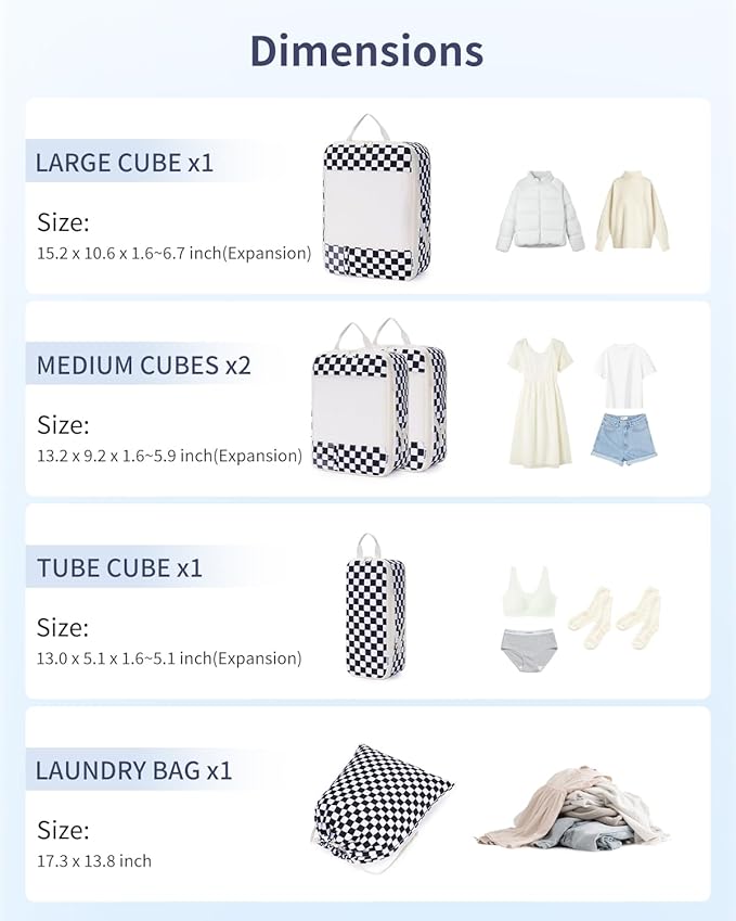 Narwey 5 Set Compression Packing Cubes for Travel, Luggage Packing Organizer Bags for Carry on Suitcase, Expandable Checkered Storage Bags with Laundry & Handle (Black Checkerboard)