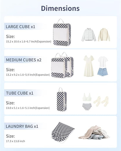 Narwey 5 Set Compression Packing Cubes for Travel, Luggage Packing Organizer Bags for Carry on Suitcase, Expandable Checkered Storage Bags with Laundry & Handle (Black Checkerboard)