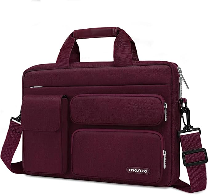 MOSISO Laptop Shoulder Bag 15.6 inch, 15-15.6 inch Computer Bag Compatible with MacBook Pro 16 inch, HP, Dell, Lenovo, Notebook with 2 Raised&1 Flapover&1 Horizontal Pocket&Handle&Belt, Wine Red