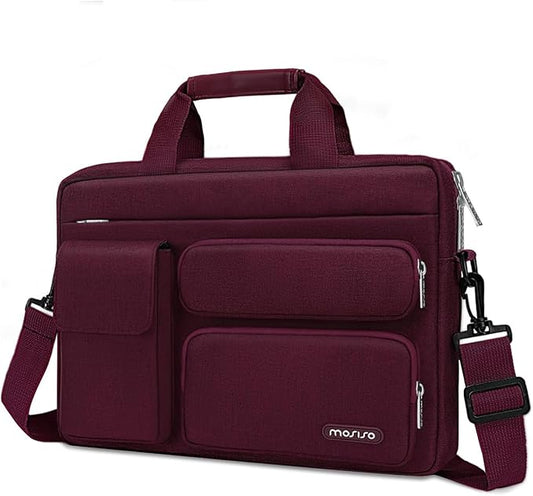 MOSISO Laptop Shoulder Bag 15.6 inch, 15-15.6 inch Computer Bag Compatible with MacBook Pro 16 inch, HP, Dell, Lenovo, Notebook with 2 Raised&1 Flapover&1 Horizontal Pocket&Handle&Belt, Wine Red
